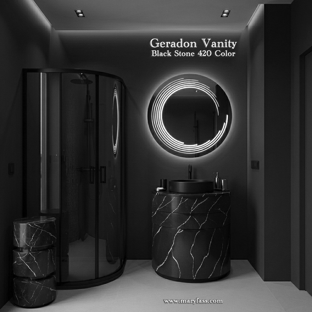 Black solid surface bathroom cabinet, LED mirror, and black profile shower cabin design for a private Bodrum luxury villa project.